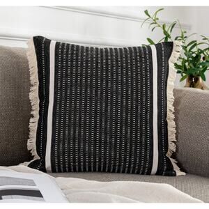Black Beige Striped Cotton Square Modern Textured Fringe Decorative Pillow